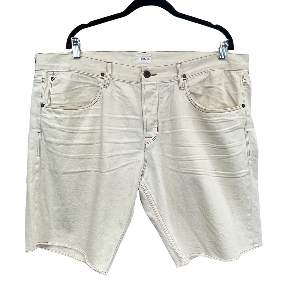 Hudson Mens Hess Denim Shorts Cream Size 40 Cut Off Selvage Raw Hem Whiskered